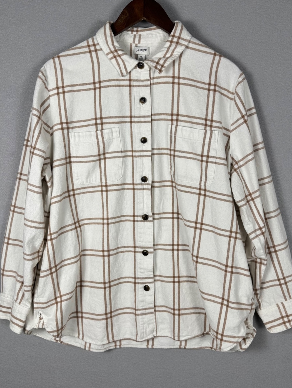 J.Crew Women's XL Button-Up Plaid Shirt White Brown